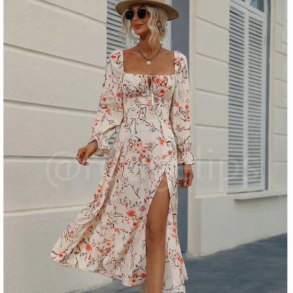 Floral Dress Square Neck Fit & Flare Maxi Long Sleeve Leg Slit Front Ties Beige - Picture 1 of 10